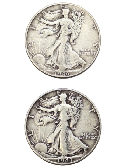 Lot of 2 Silver Walking Liberty Half Dollars - 1946, 1947