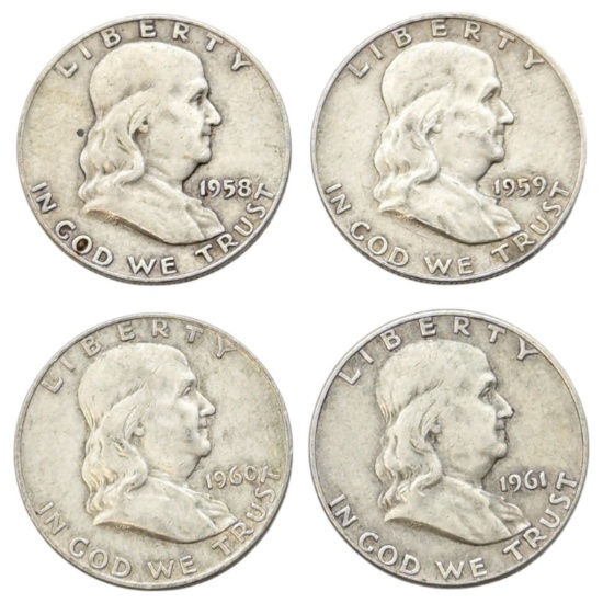Lot of 4 Silver Franklin Half Dollars - 1958-D-1961-D