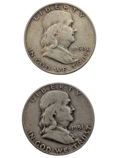 Lot of 2 Silver Franklin Half Dollars - 1950-D, 1951-D