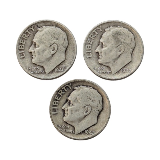 Lot of 3 Silver Roosevelt Dimes - 1946, 1947, 1948
