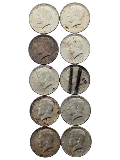 Lot of 10 Silver 1964 John F Kennedy Half Dollars