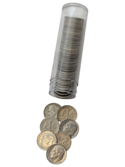 Tube of 50 Silver Roosevelt Dimes - Pre-1965