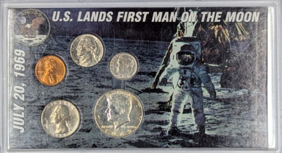 US Lands First Man on the Moon 7/20/1969 Coin Set w/ Silver Kennedy