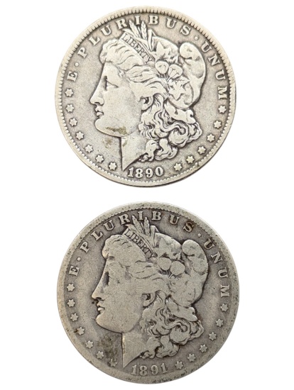 Lot of 2 Morgan Silver Dollars - 1890-O, 1891-O