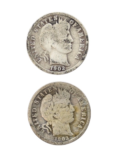 Lot of 2 Silver Barber Dimes - 1902, 1903-O