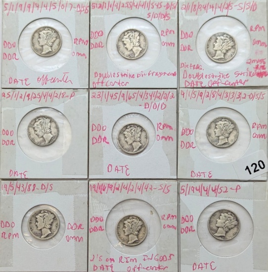 Lot of 9 Silver Mercury Dimes - 1940-1944