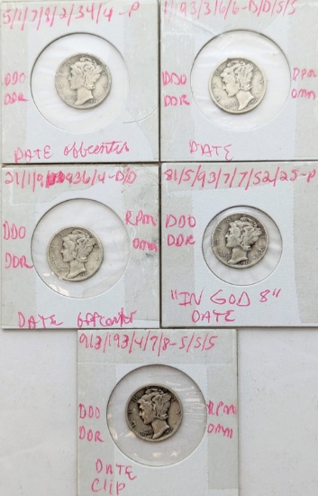 Lot of 5 Silver Mercury Dimes - 1934-1937