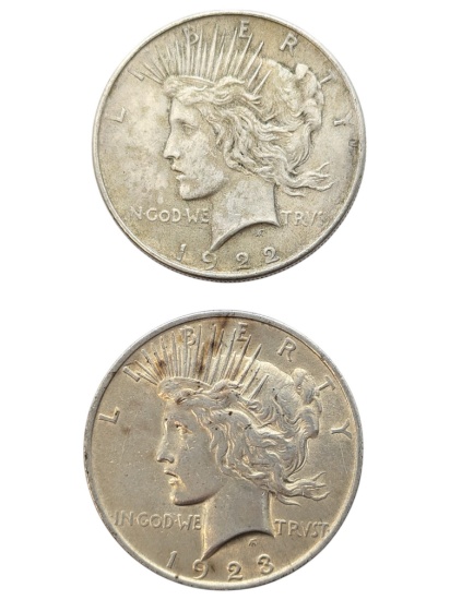 Lot of 2 Silver Peace Dollars - 1922, 1923