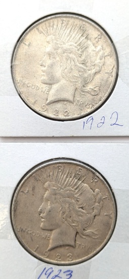 Lot of 2 Silver Peace Dollars - 1922, 1923