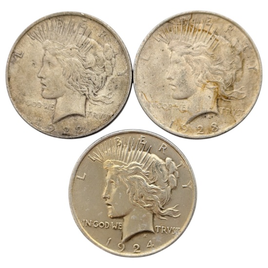Lot of 3 Silver Peace Dollars - 1922-1924