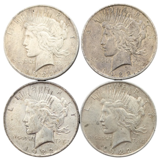 Lot of 4 Silver Peace Dollars - All 1922