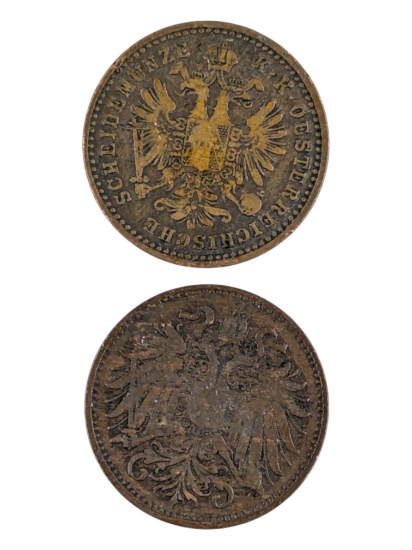 Lot of 2 Austrian Empire Coins - 1881 1 Kreuzer, 1894 2 Heller