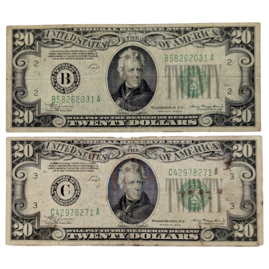 Lot of 2 - 1934 $20 Notes - Green Seals