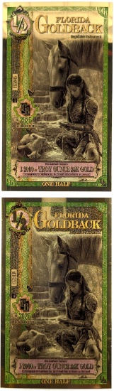 Lot of 2 - 1/2 Florida Goldbacks - 1/2000th Troy Ounce 24K Gold