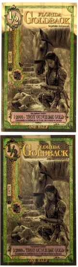 Lot of 2 - 1/2 Florida Goldbacks - 1/2000th Troy Ounce 24K Gold