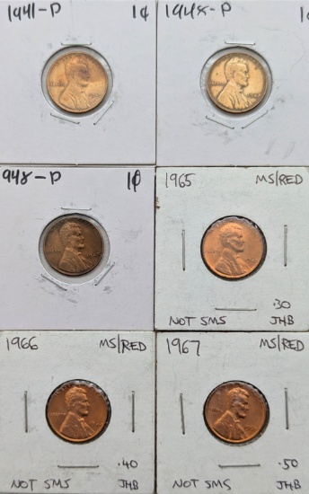 Lot of 6 Lincoln Cents - 1941-1967 - Mixture of Wheat or Memorial