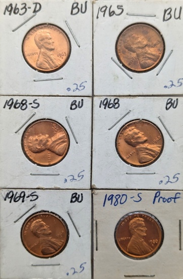 Lot of 6 Lincoln Cents - 1963-D-1980-S - BU or Proof