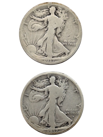 FEjATURE Lot of 2,  1917-S Walking Liberty Halves - Mint mark Vatiations front and back! KEY DATE