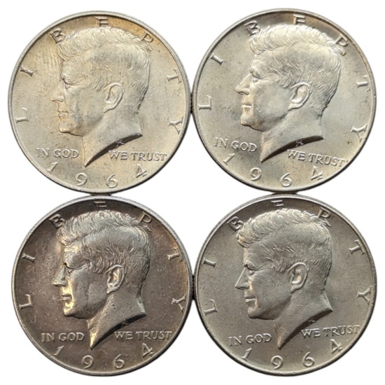 Lot of 4 Silver 1964 John F Kennedy Half Dollars