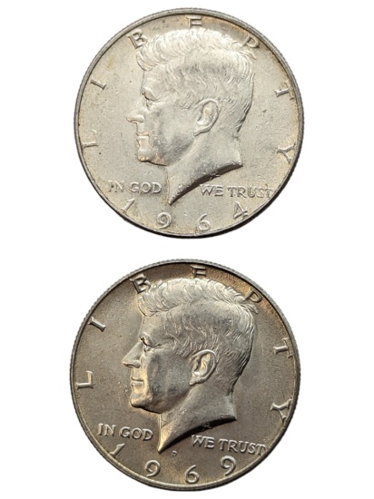 Lot of 2 Silver John F Kennedy Half Dollars - 1964, 1969
