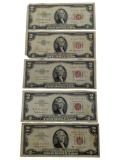 Lot of 5 $2 Notes - Red Seals - 1953 and 1963