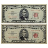 Lot of 2 - 1963 $5 Notes - Red Seals
