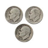 Lot of 3 Silver Roosevelt Dimes - 1946, 1947, 1948