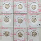 Lot of 9 Silver Mercury Dimes - 1940-1944
