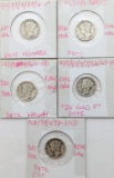 Lot of 5 Silver Mercury Dimes - 1934-1937
