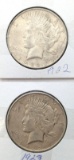 Lot of 2 Silver Peace Dollars - 1922, 1923