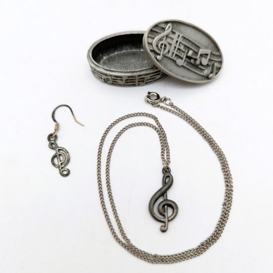 Vintage MS Dee Small Pewter Jewelry Box with Matching Jewelry