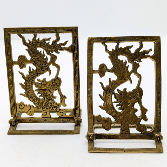 Vintage Chinoiserie Dragon Brass Folding Bookends