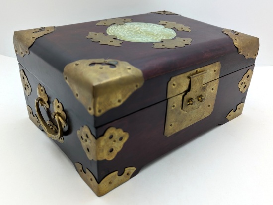 Incredible Antique Wooden Jewelry box with brax outlay and custom green stone