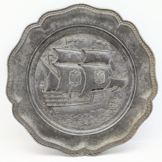 Antique Vintage Pewter Ship Plate - Marked Spain