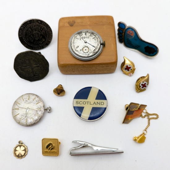 Vintage Mens Jewelry Drawer Lot - Pins, watch parts etc.