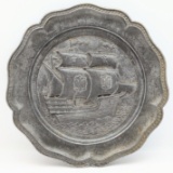 Antique Vintage Pewter Ship Plate - Marked Spain