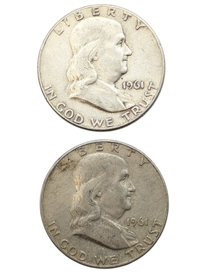 Lot of 2 Silver Franklin Half Dollars - 1961, 1961-D