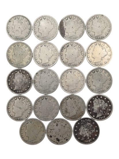 Lot of 19 Liberty V Nickels - 1900-1912