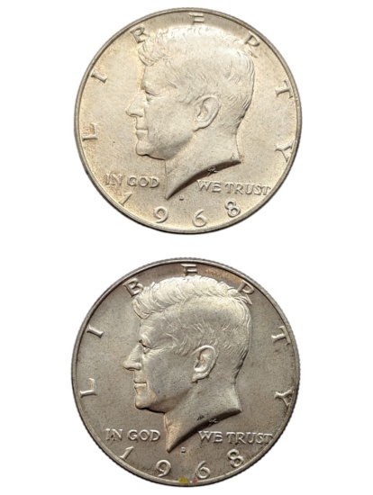 Lot of 2 Silver John F Kennedy Half Dollars - Both 1968-D