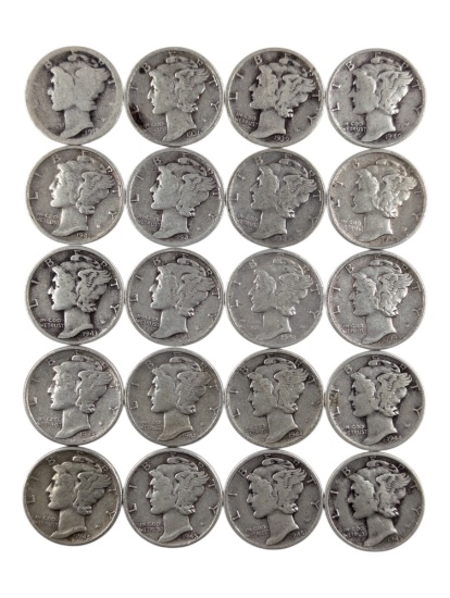 Lot of 20 Silver Mercury Dimes - 1918-1945