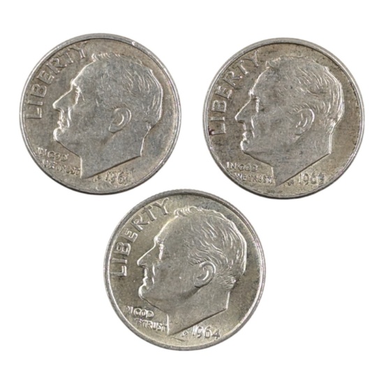 Lot of 3 Silver Roosevelt Dimes - 1961-1964