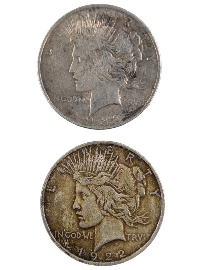 Lot of 2 Silver Peace Dollars - Both 1922