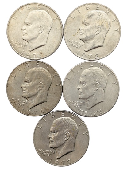 Lot of 5 Eisenhower "Ike" Dollars - 1971-1977