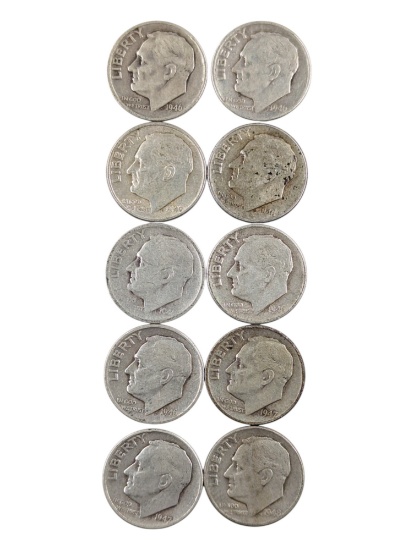 Lot of 10 Silver 1940s Roosevelt Dimes