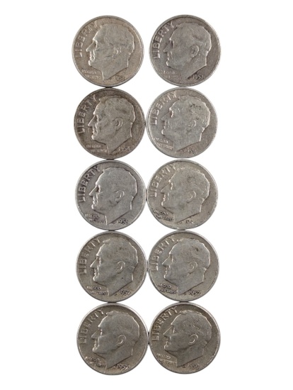 Lot of 10 Silver 1950s Roosevelt Dimes