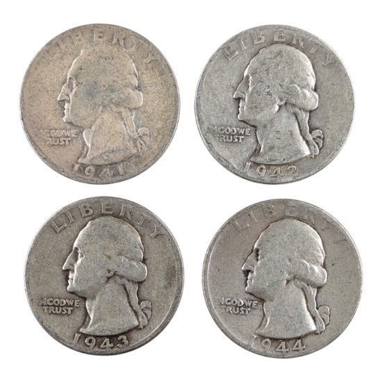 Lot of 4 Silver Washington Quarters - 1941-1944