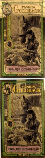 Lot of 2 - 2025 1/2 Florida Goldbacks 1/2000th Troy Ounce 24K Gold each
