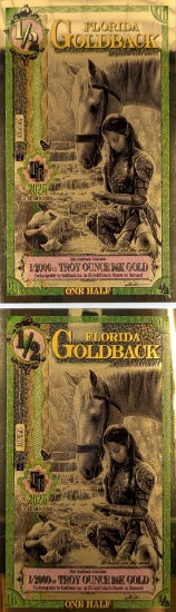 Lot of 2 - 2025 1/2 Florida Goldbacks 1/2000th Troy Ounce 24K Gold each