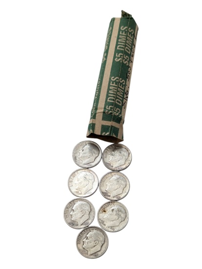 Roll of 50 Silver 1950s-1964 Roosevelt Dimes
