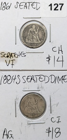 Lot of 2 Silver Seated Liberty Dimes - 1861, 1884-S